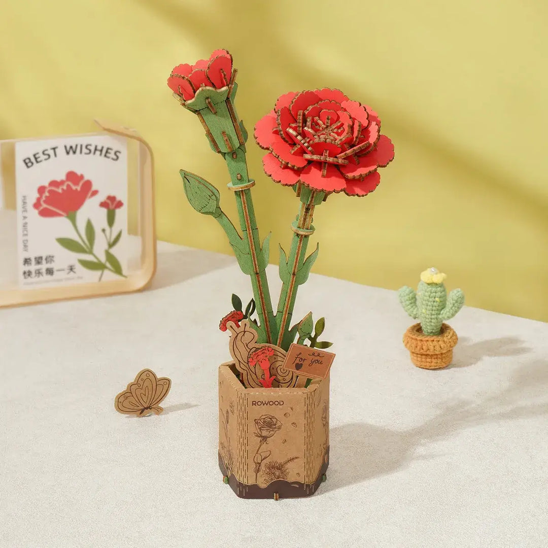 3D Wooden Flower Puzzle: Red Carnation