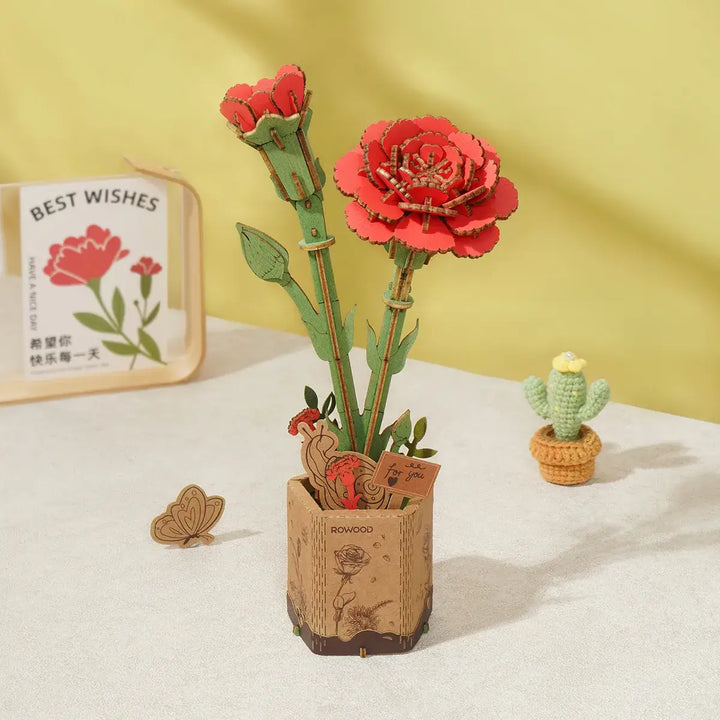 3D Wooden Flower Puzzle: Red Carnation