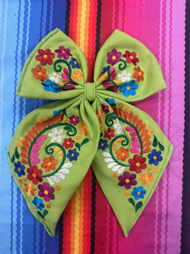 Floral Embroidered Hair Bows: Hot pink