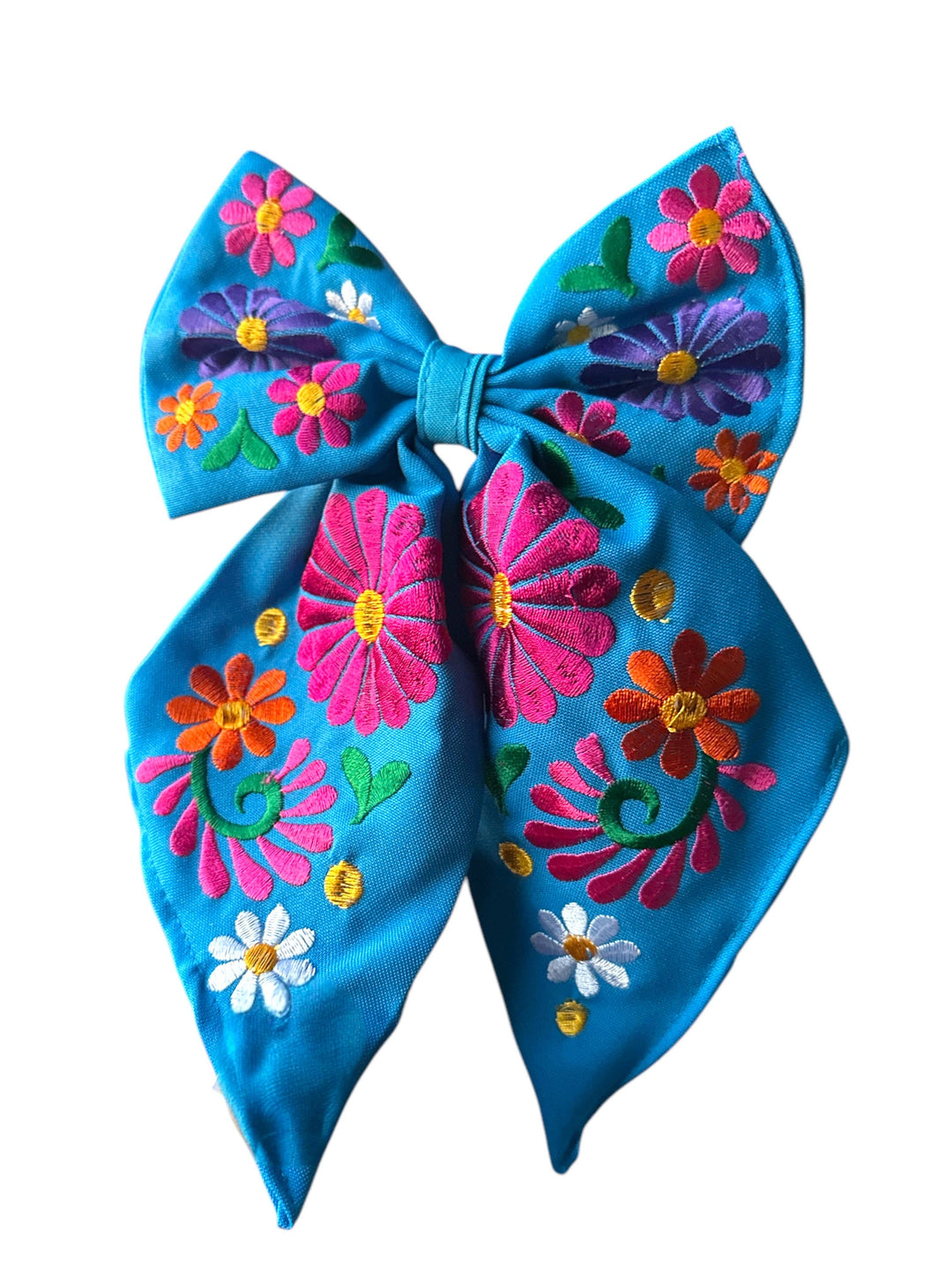 Floral Embroidered Hair Bows: Hot pink