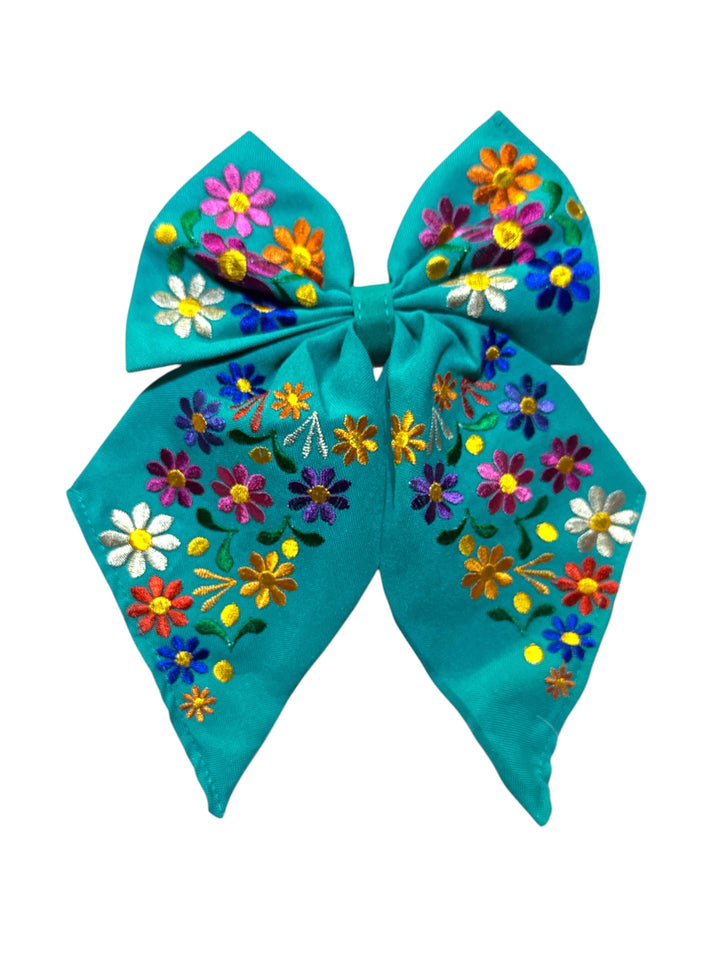 Floral Embroidered Hair Bows: Hot pink