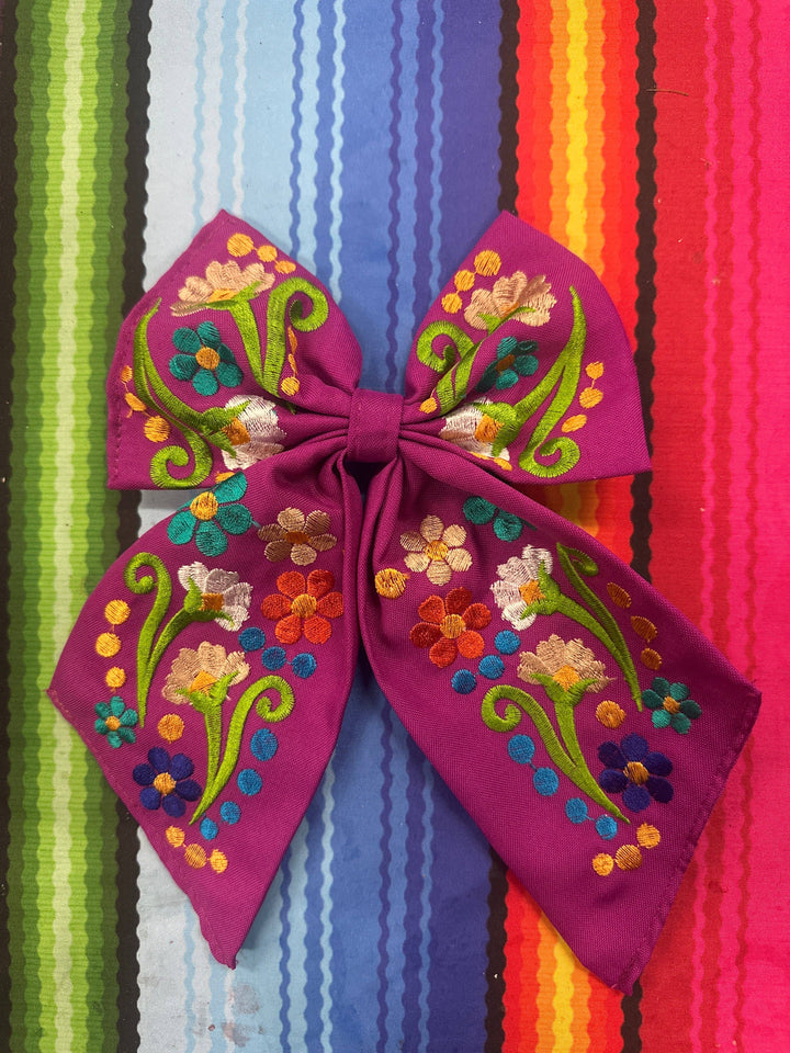 Floral Embroidered Hair Bows: Hot pink
