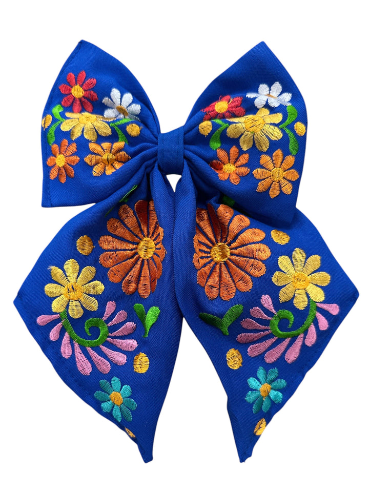 Floral Embroidered Hair Bows: Hot pink