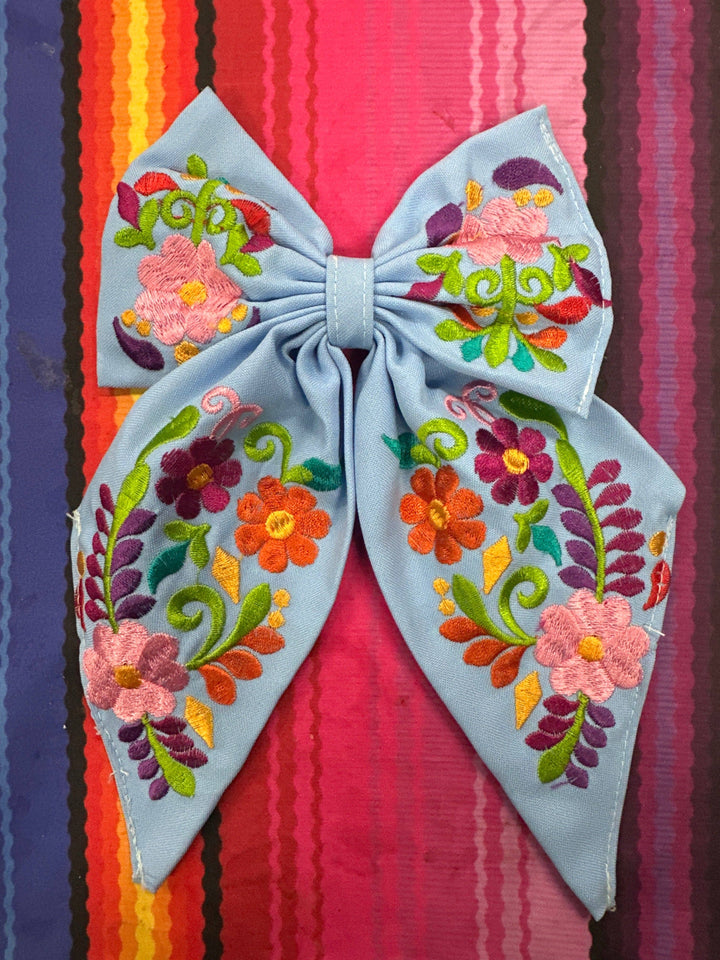 Floral Embroidered Hair Bows: Hot pink