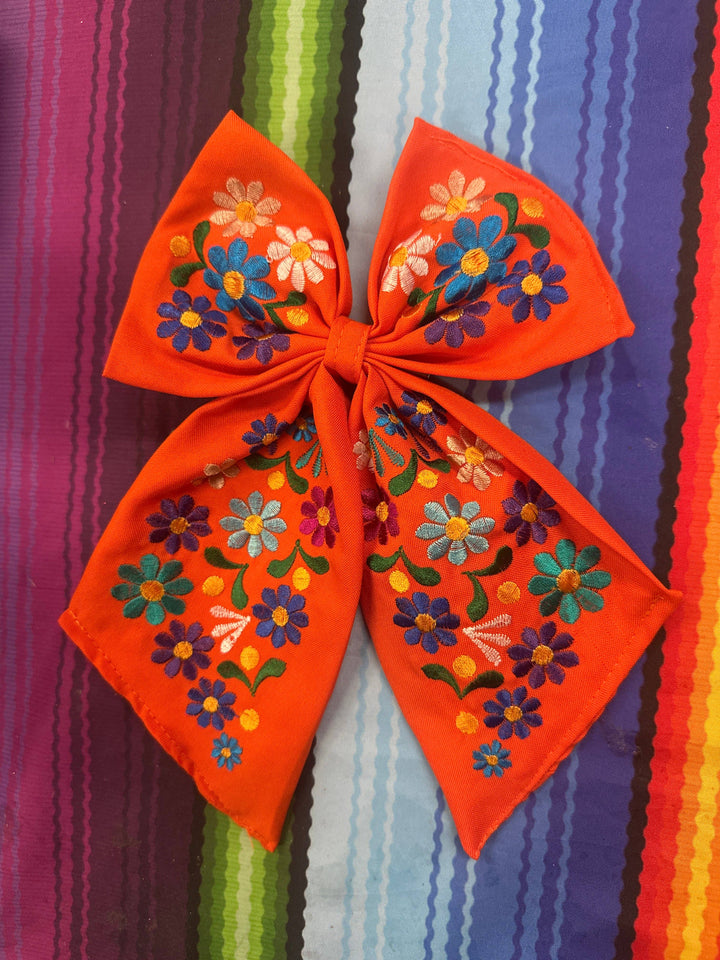 Floral Embroidered Hair Bows: Hot pink