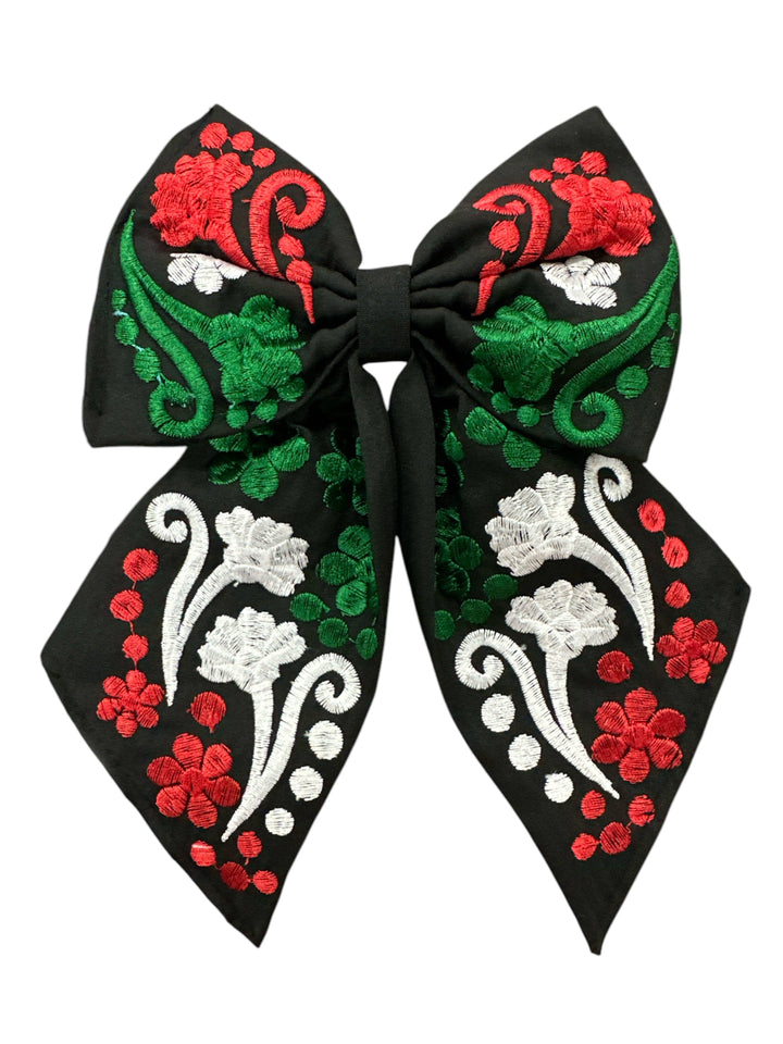 Tricolor Floral Embroidered bow: Black