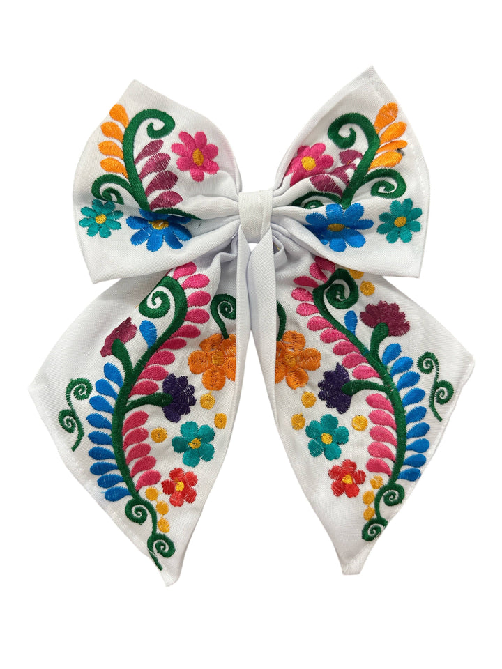 Floral Embroidered Hair Bows: Hot pink