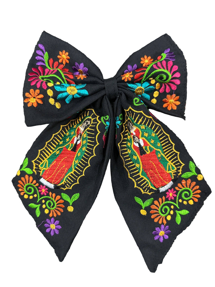 Lady of Guadalupe Embroidered Hair Bows: Black
