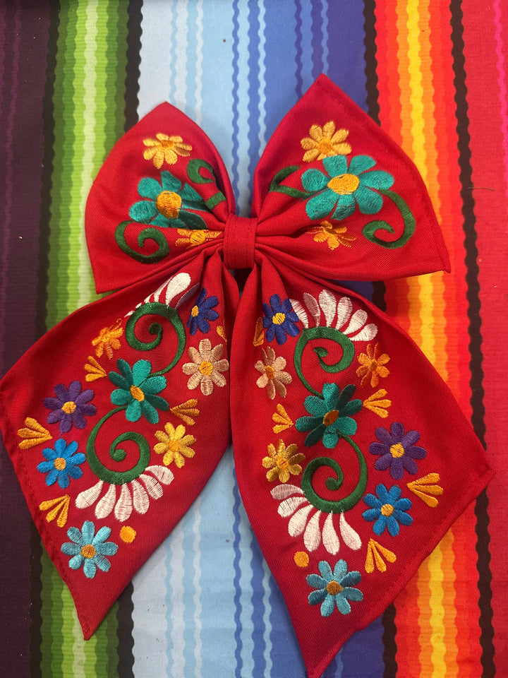Floral Embroidered Hair Bows: Hot pink