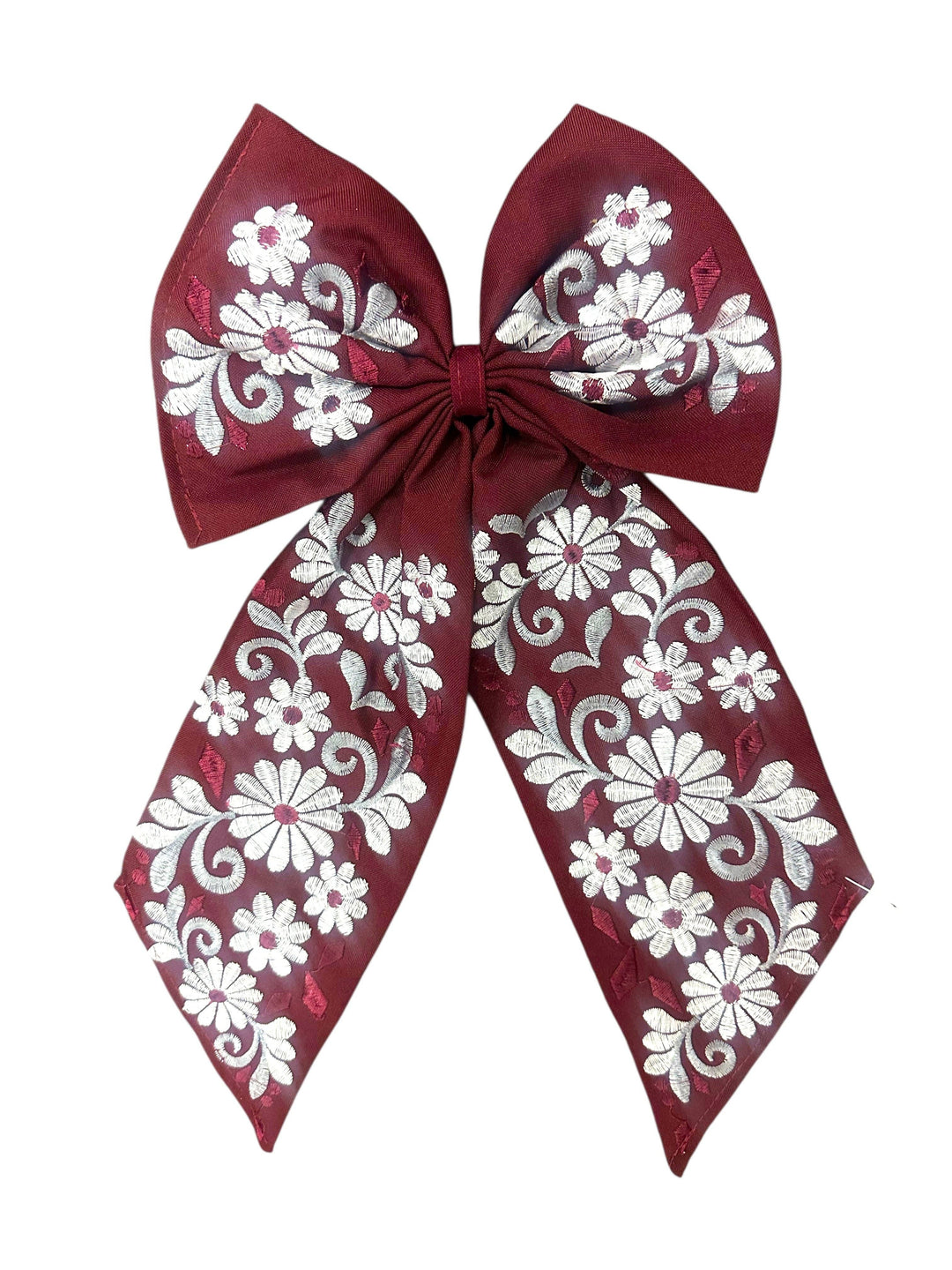 Maroon White Embroidered Hair Bow