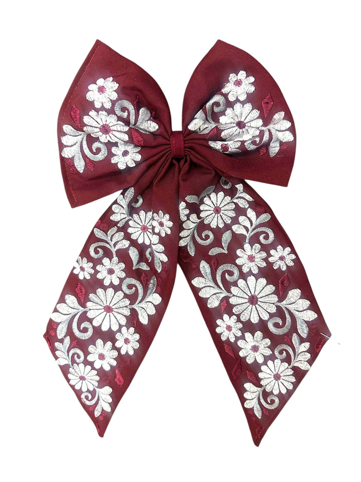 Maroon White Embroidered Hair Bow