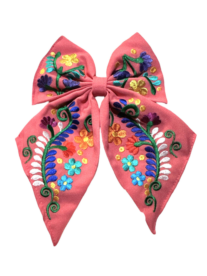 Floral Embroidered Hair Bows: Hot pink